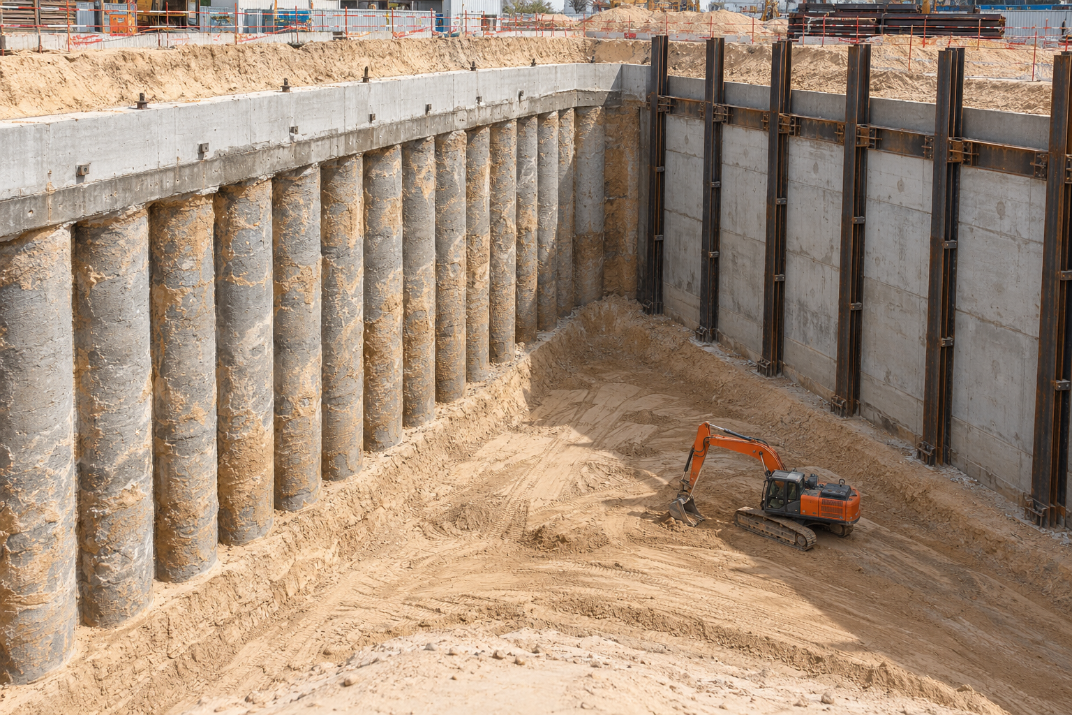 Conceptual view: secant piles / h-beams / concrete panels