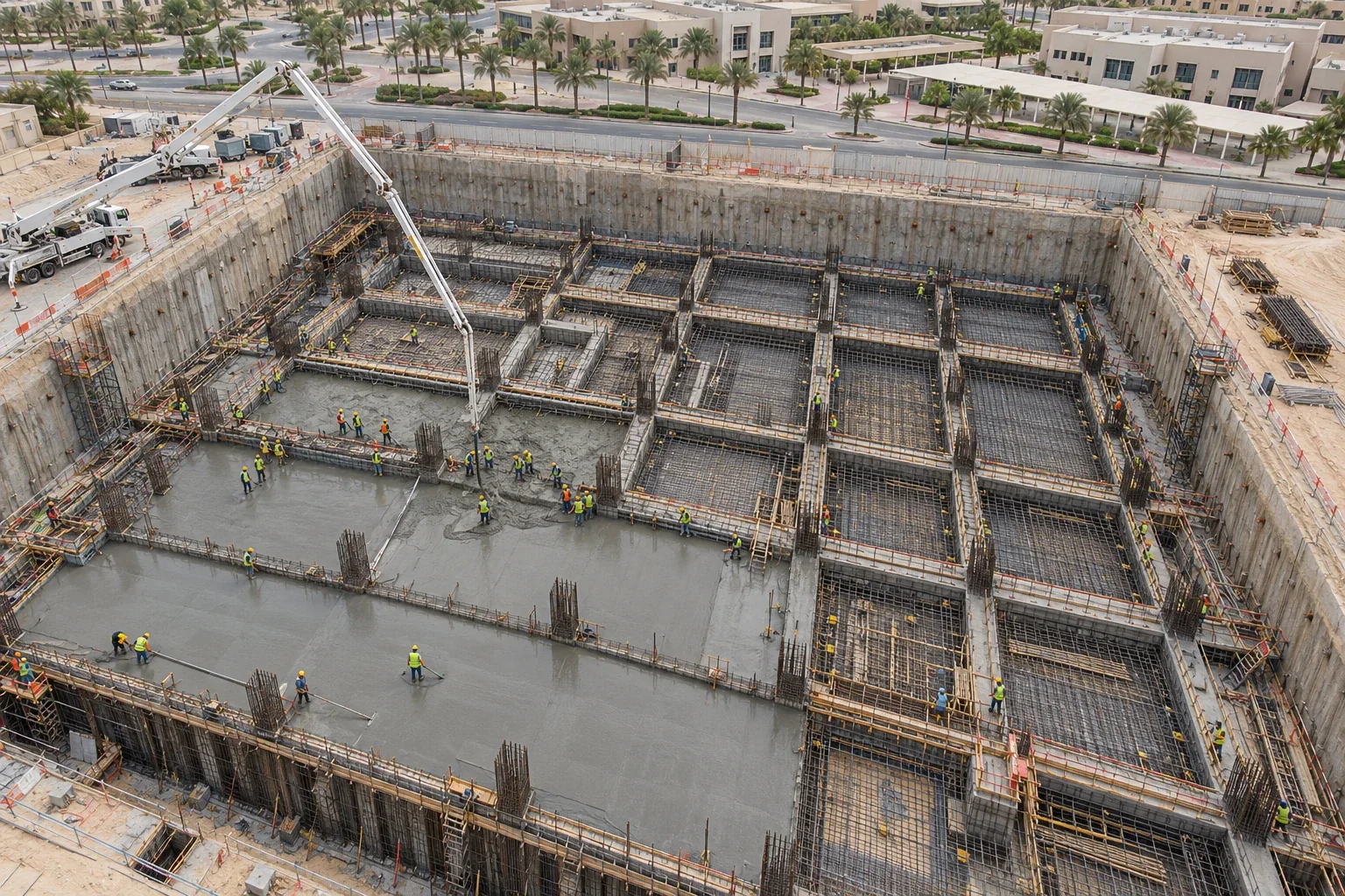 تصور تخيلي لأعمال الأساسات أثناء التنفيذ — مدرسة VPHS — مدينة العرب